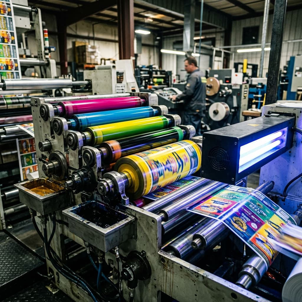 Inline UV flexographic printing press with colorful ink rollers running vibrant labels