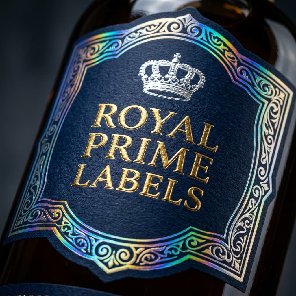 Close-up of Royal Prime Labels gold hot foil and holographic cold foil finish on a premium label
