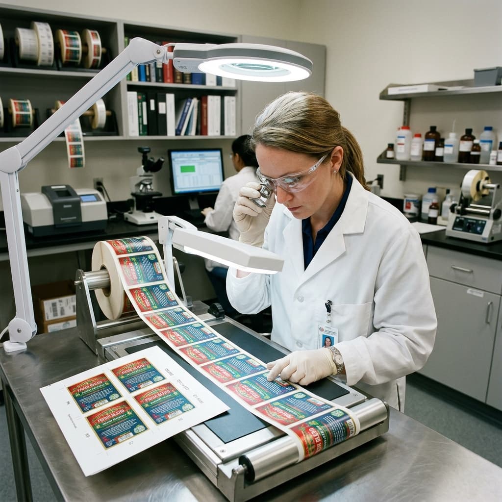 Quality control technician inspecting printed labels under magnifying lamp in lab