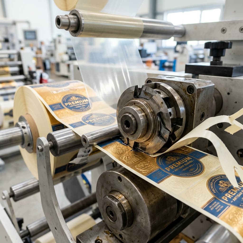Precision die cutting and lamination process on premium labels