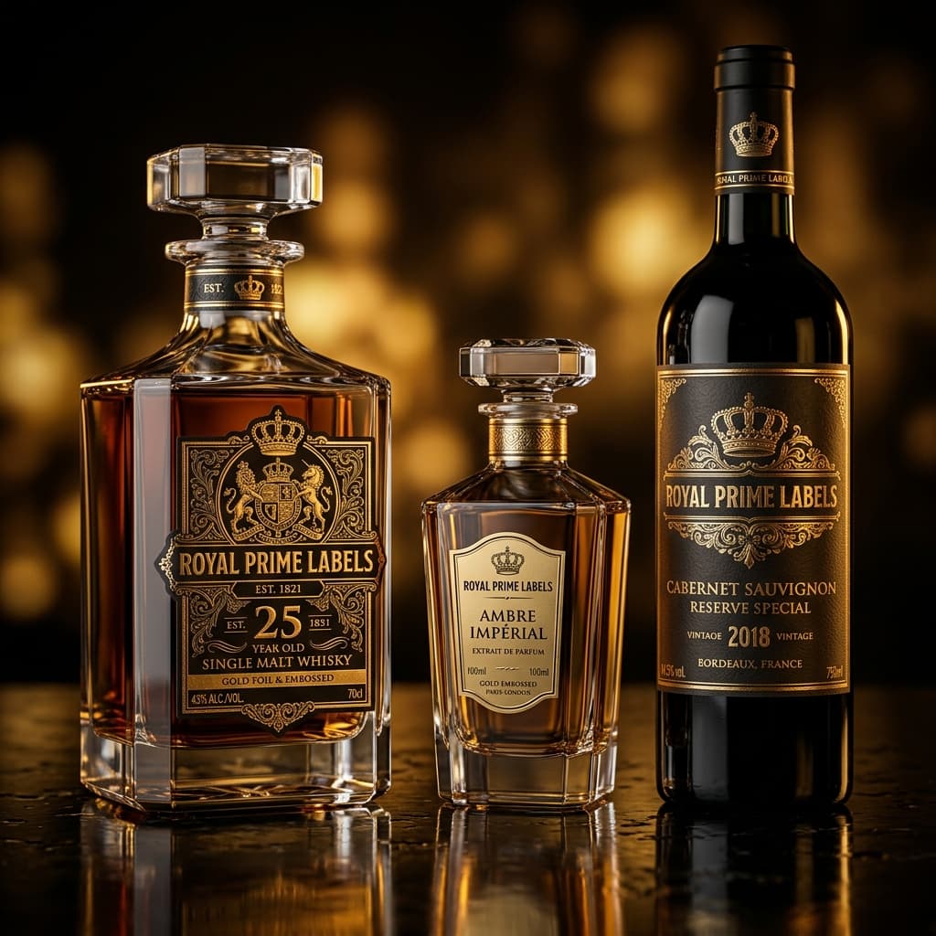 Ultra-premium product labels on luxury whisky and perfume bottles