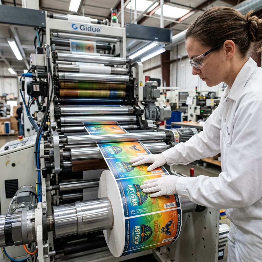 Quality control worker inspecting printed label rolls on a flexographic press