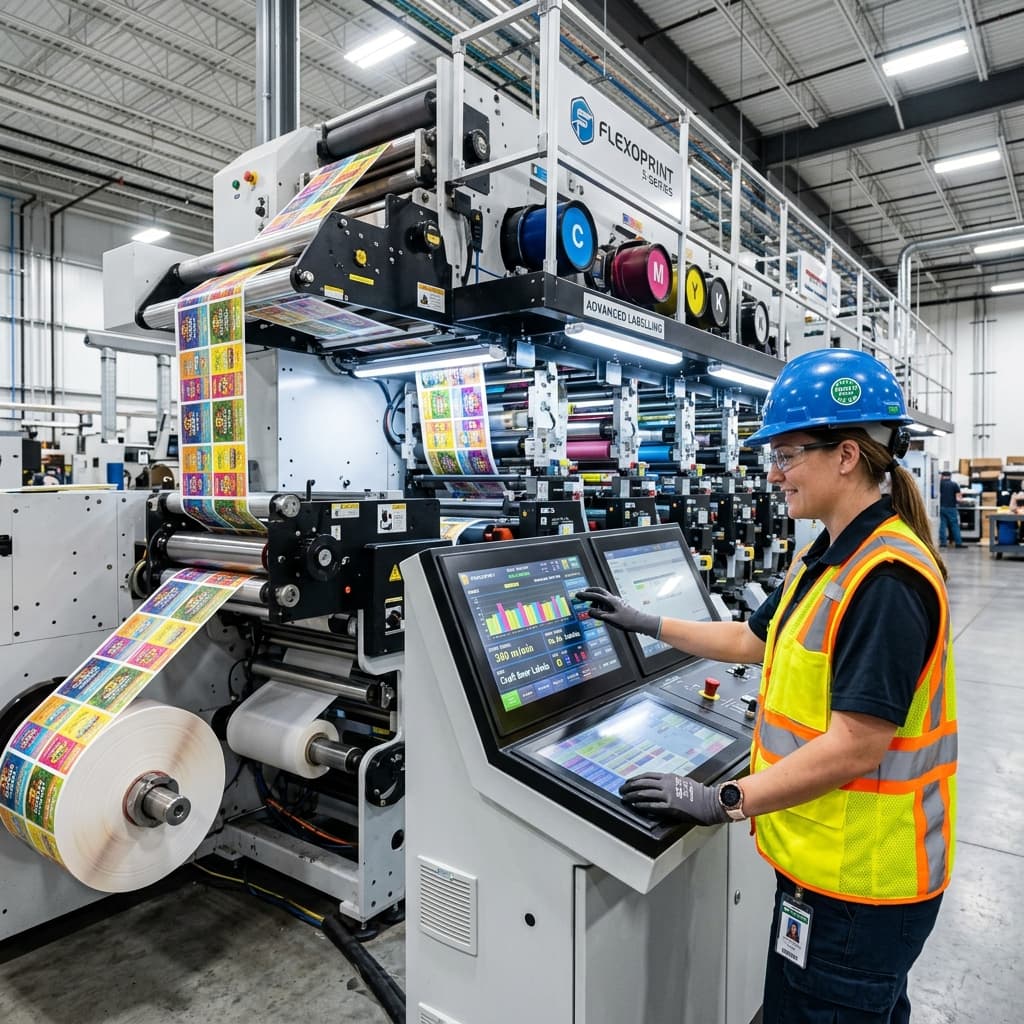 Technician operating a modern flexographic label printing machine
