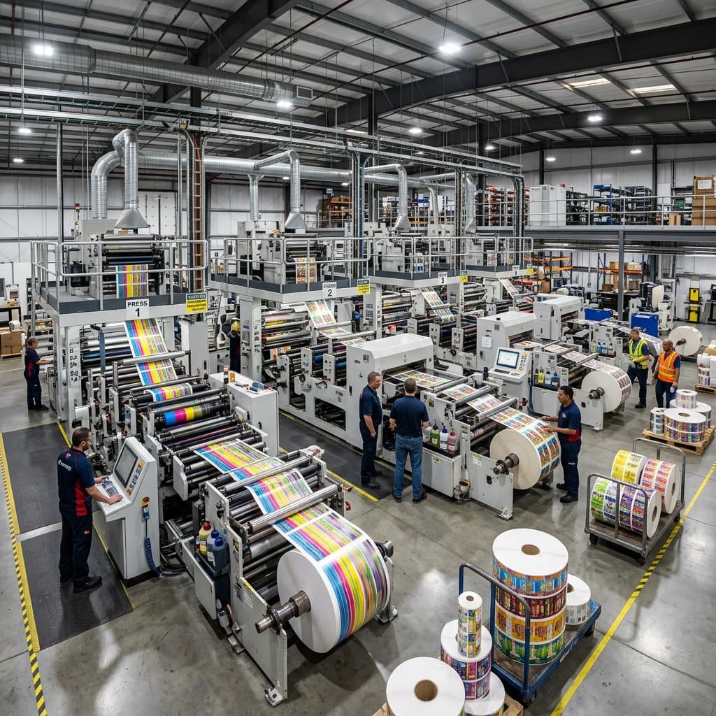 Royal Prime Labels printing facility with multiple flexographic presses and workers operating the machines