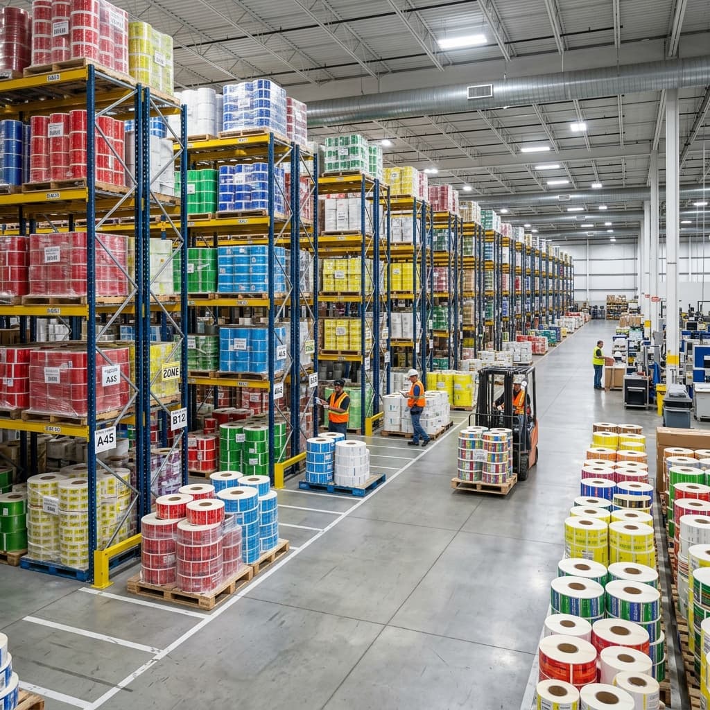 Royal Prime Labels Warehouse — rolls of printed labels stored on industrial shelving